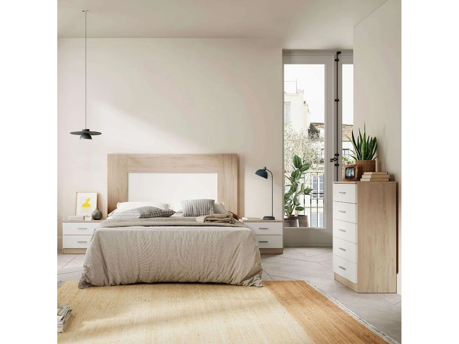 Conjunto muebles dorm. mat. cabecero, mesita 3c, cómoda blanco/sahara