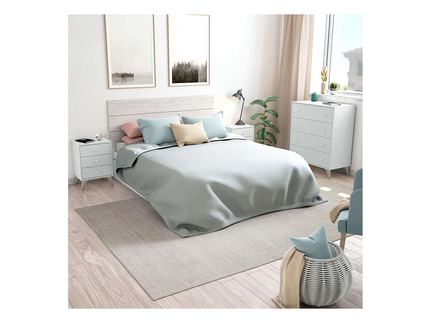 Conjunto Habitación Matrimonio Blanco Nórdico (cabecero + 2 Mesitas + Cómoda)