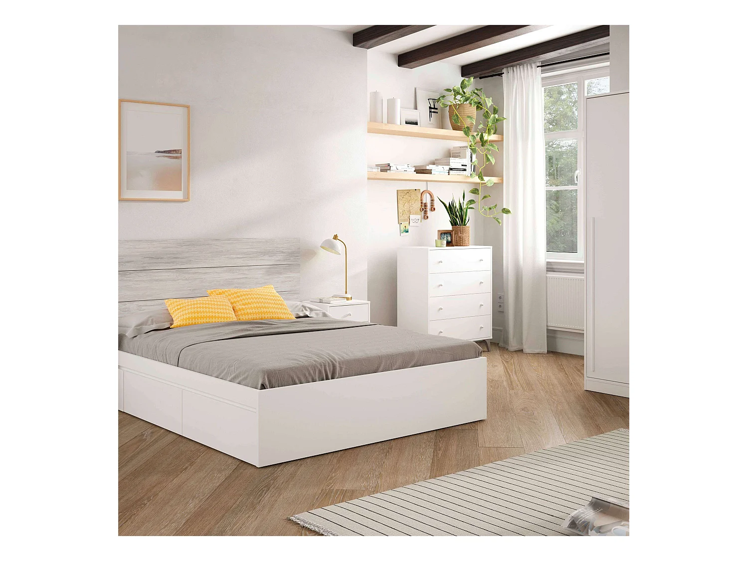 Conjunto Habitación Matrimonio Blanco Nórdico (cabecero + 2 Mesitas + Cómoda)