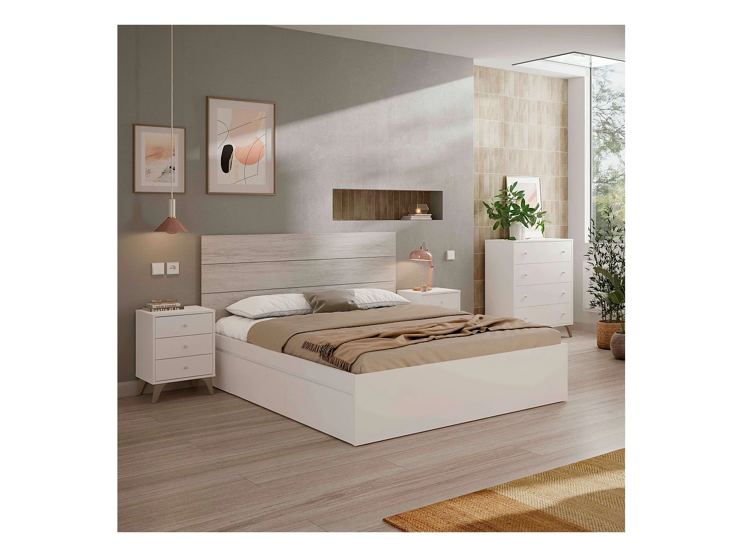 Conjunto Habitación Matrimonio Blanco Nórdico (cabecero + 2 Mesitas + Cómoda)