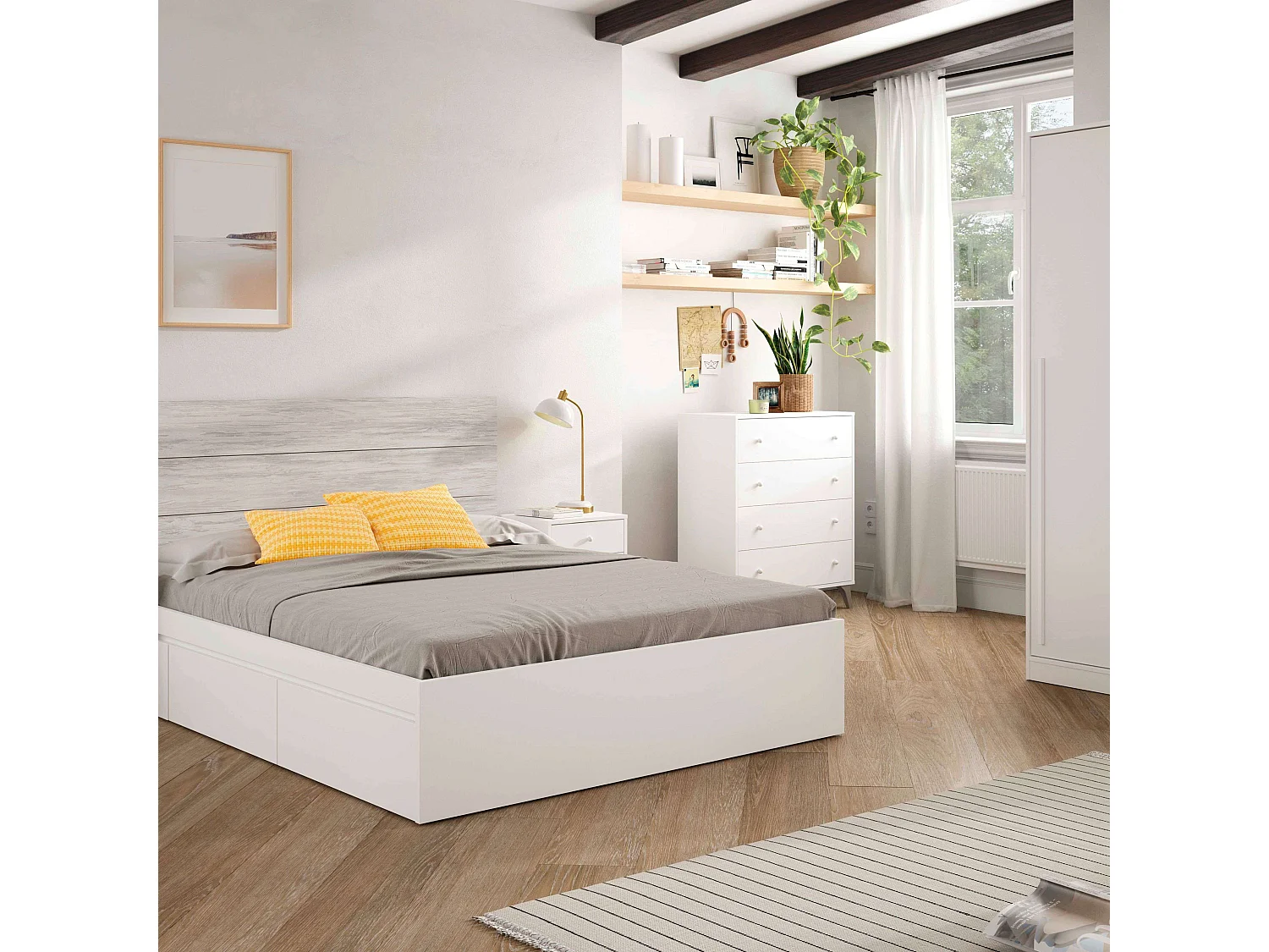 Conjunto de quarto de casal branco nórdico (cabeceira + 2 mesas de cabeceira + cômoda)