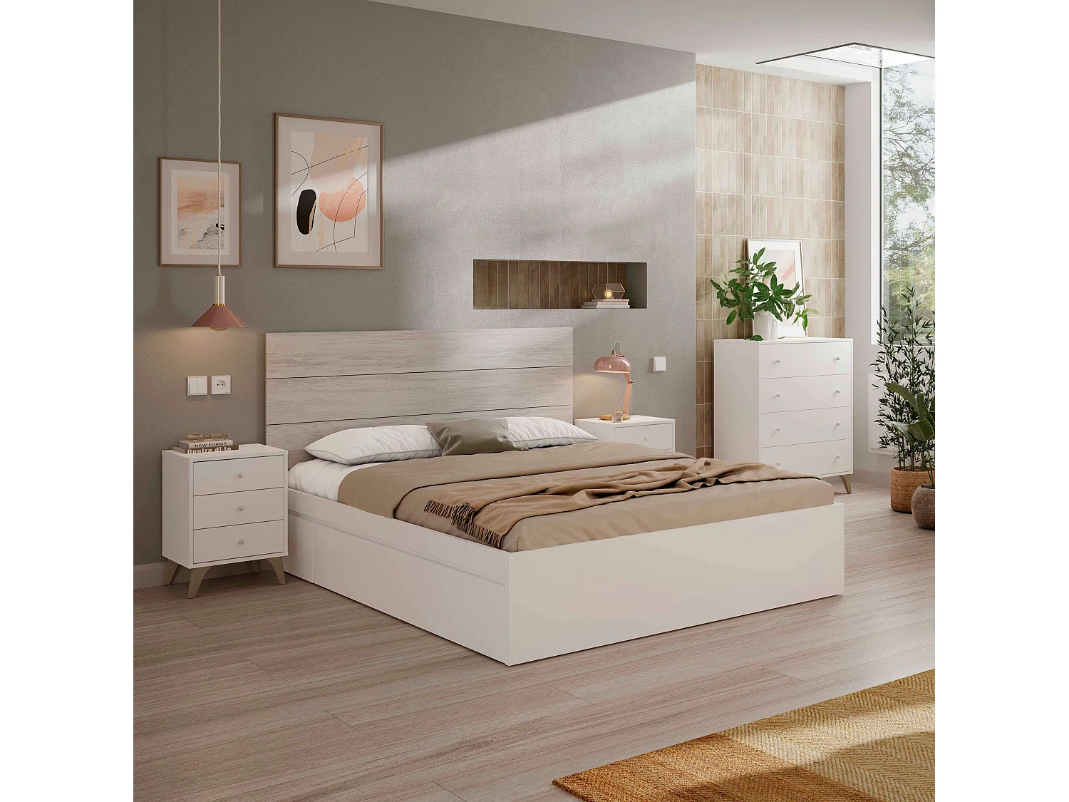 Conjunto de quarto de casal branco nórdico (cabeceira + 2 mesas de cabeceira + cômoda)