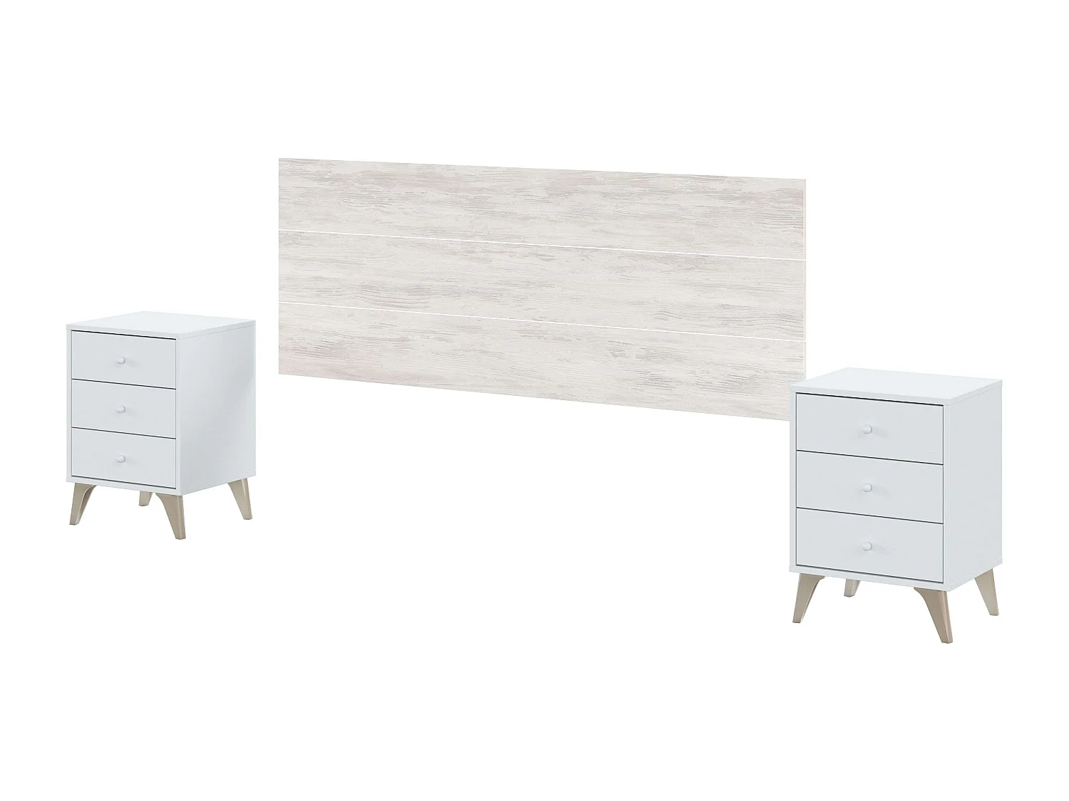 Conjunto de quarto de casal branco nórdico (cabeceira + 2 mesas de cabeceira + cômoda)