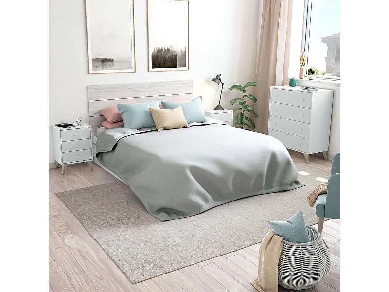 Conjunto de quarto de casal branco nórdico (cabeceira + 2 mesas de cabeceira + cômoda)