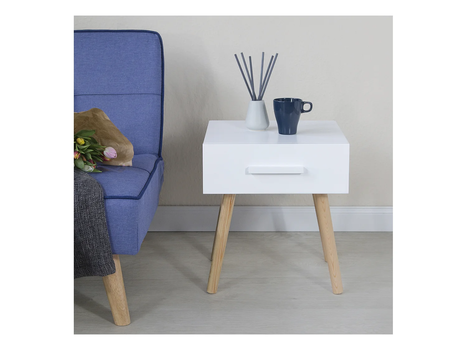 Nachttisch 40x46x40 cm weiß Nachtschrank Schlafzimmer Beistelltisch Schrank Kiefernholz Schublade