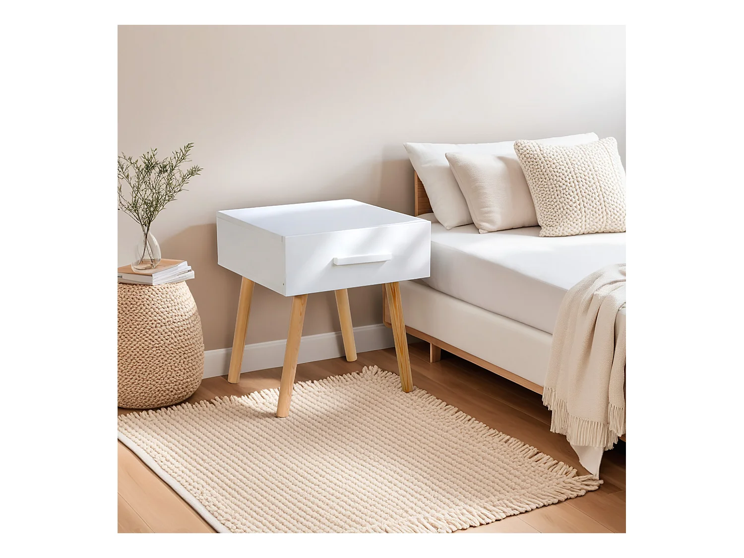 Table de chevet 40x46x40 cm blanc Table de nuit Chambre Table de nuit Armoire en pin Tiroir