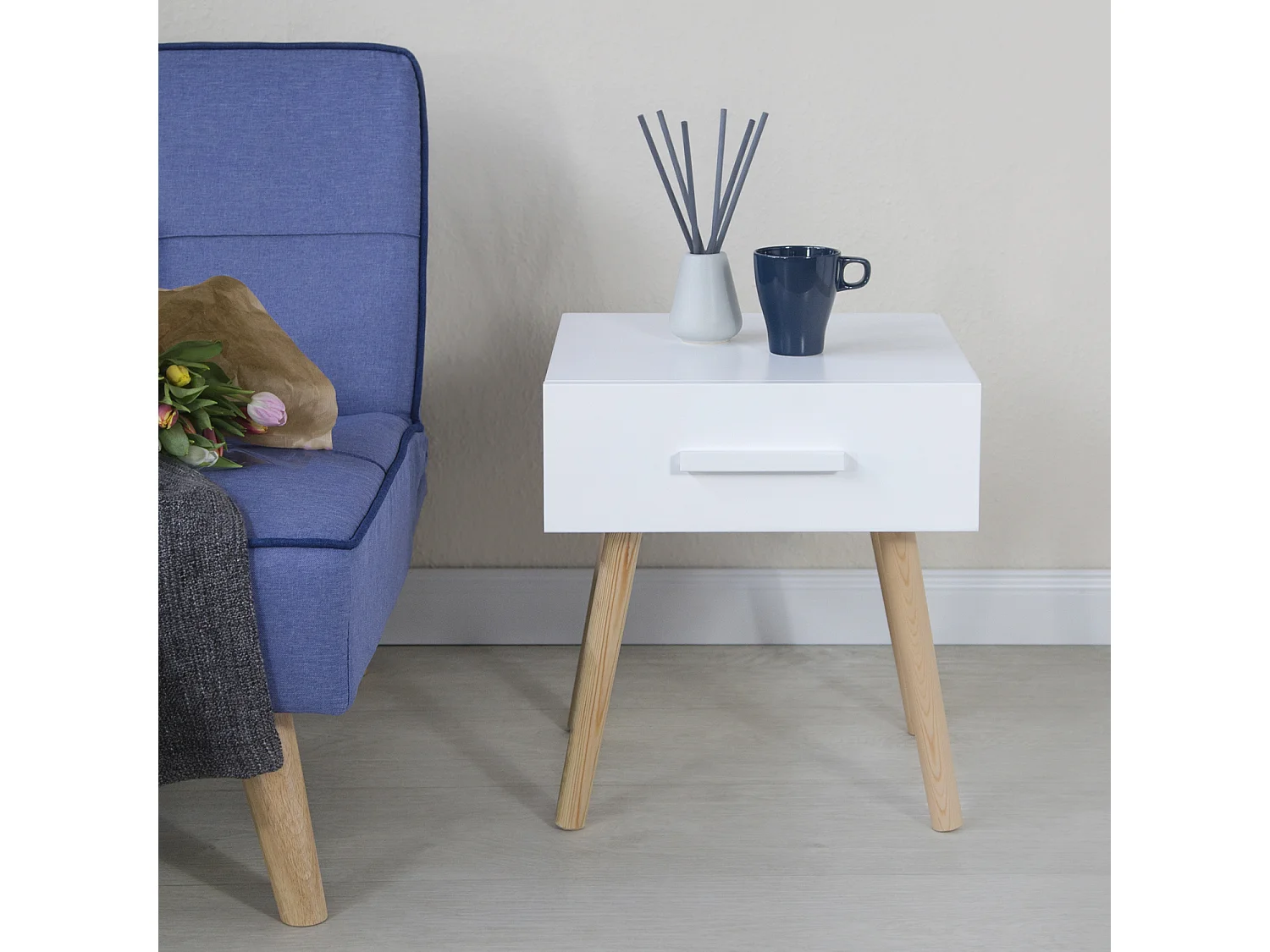 Nachttisch 40x46x40 cm weiß Nachtschrank Schlafzimmer Beistelltisch Schrank Kiefernholz Schublade