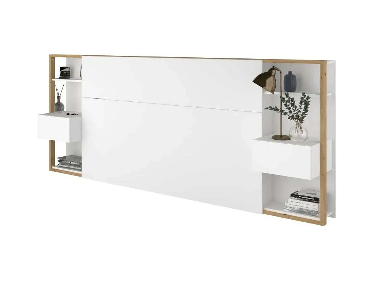 Cabecero Line con Cajones Dormitorio Moderno Blanco/Roble 103x255x36 cm