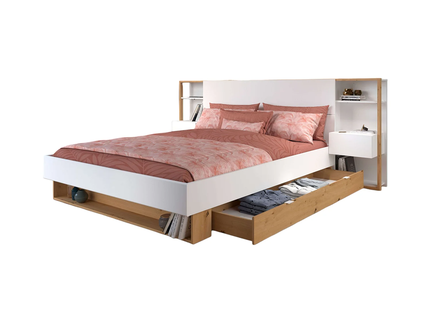 Cabecero Line con Cajones Dormitorio Moderno Blanco/Roble 103x255x36 cm