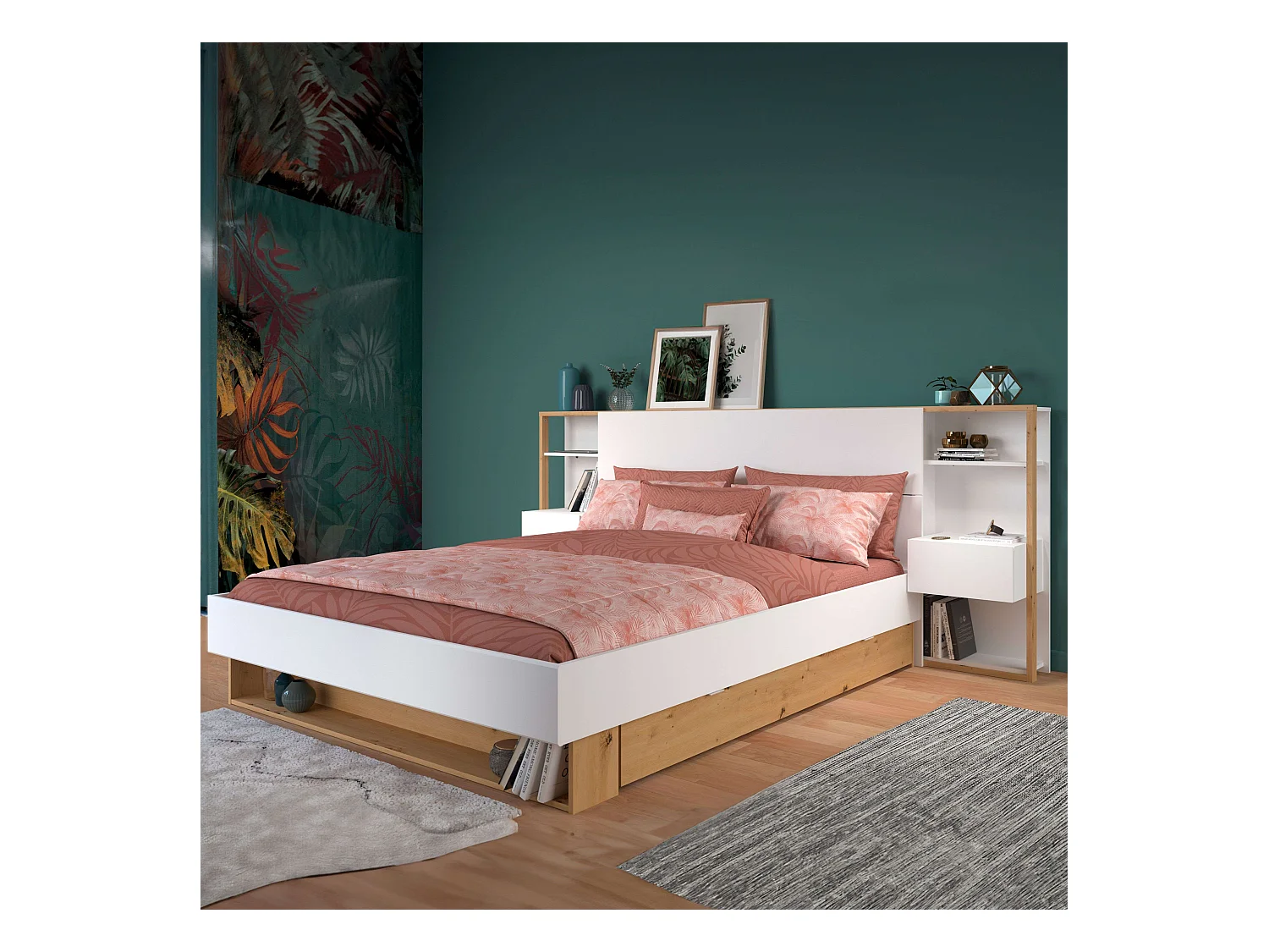 Cabecero Line con Cajones Dormitorio Moderno Blanco/Roble 103x255x36 cm