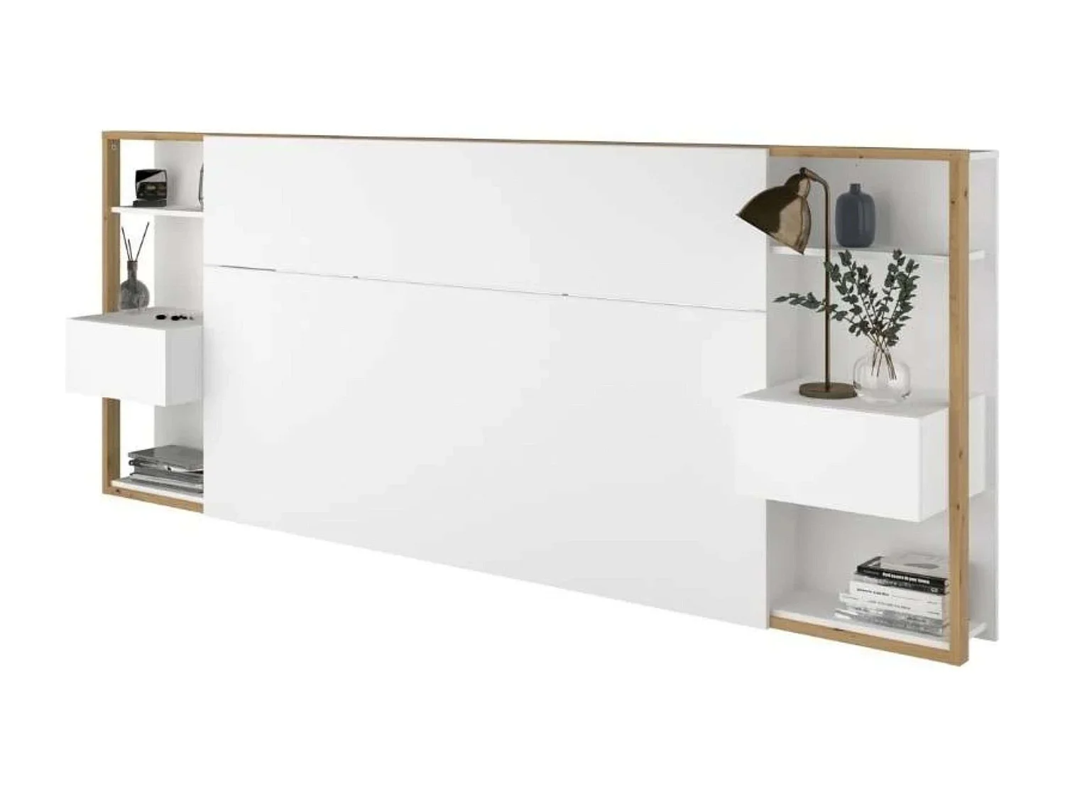 Cabecero Line con Cajones Dormitorio Moderno Blanco/Roble 103x255x36 cm