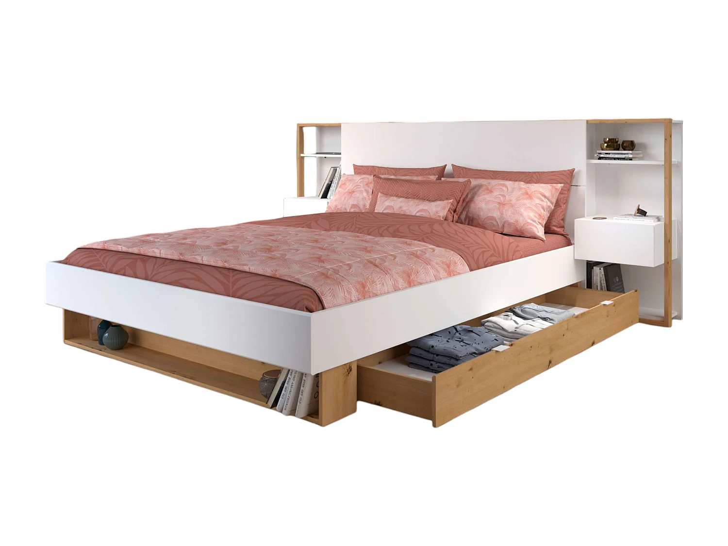 Cabecero Line con Cajones Dormitorio Moderno Blanco/Roble 103x255x36 cm