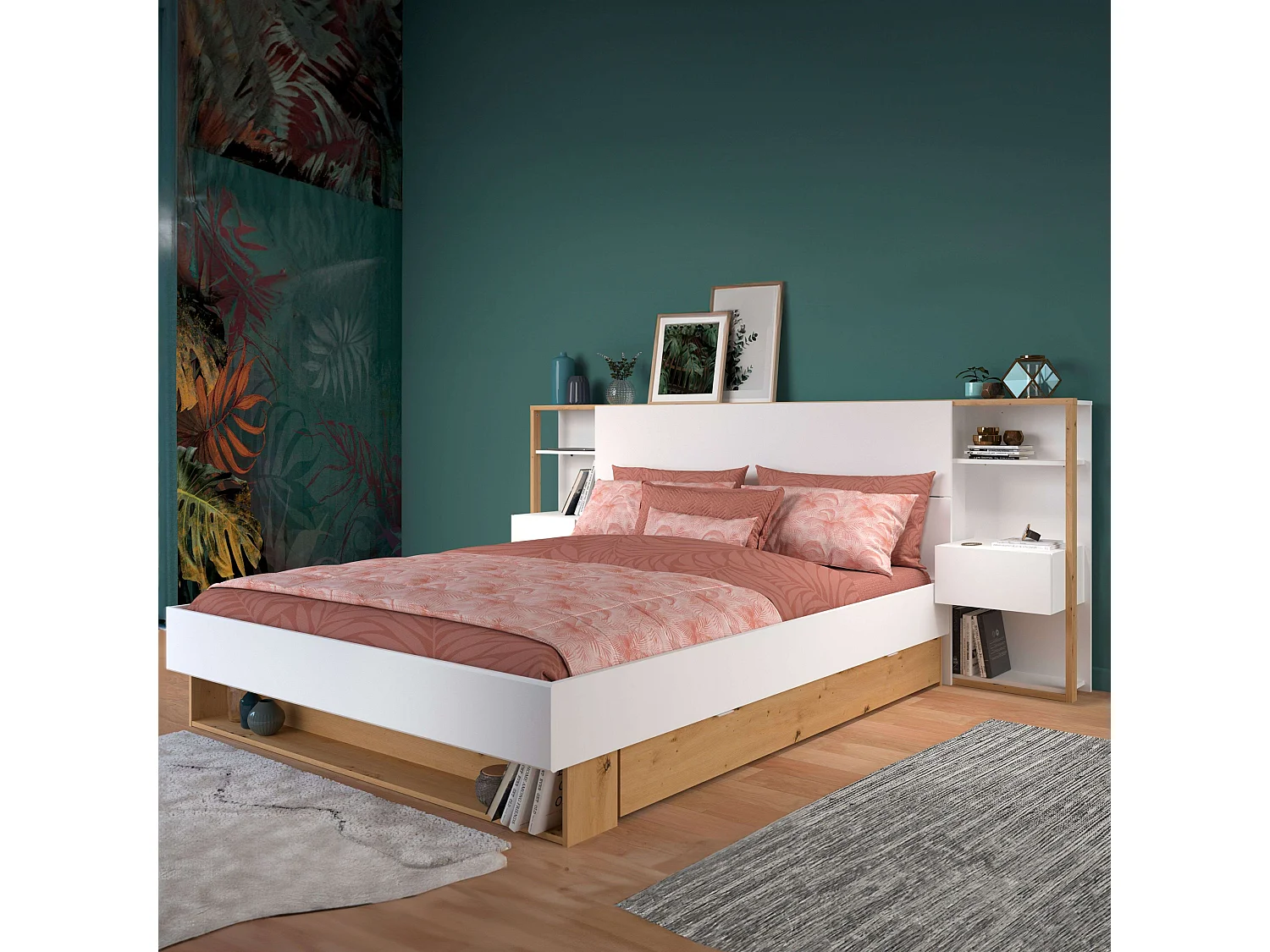 Cabecero Line con Cajones Dormitorio Moderno Blanco/Roble 103x255x36 cm