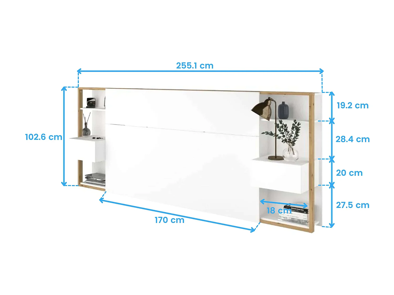 Cabecero Line con Cajones Dormitorio Moderno Blanco/Roble 103x255x36 cm
