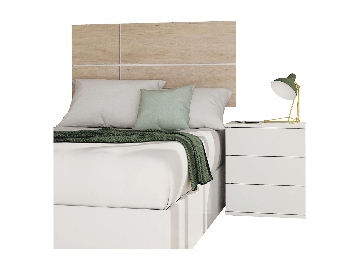 Conjunto de quarto juvenil Nova - cabeceira em carvalho Aurora e mesa de cabeceira branca