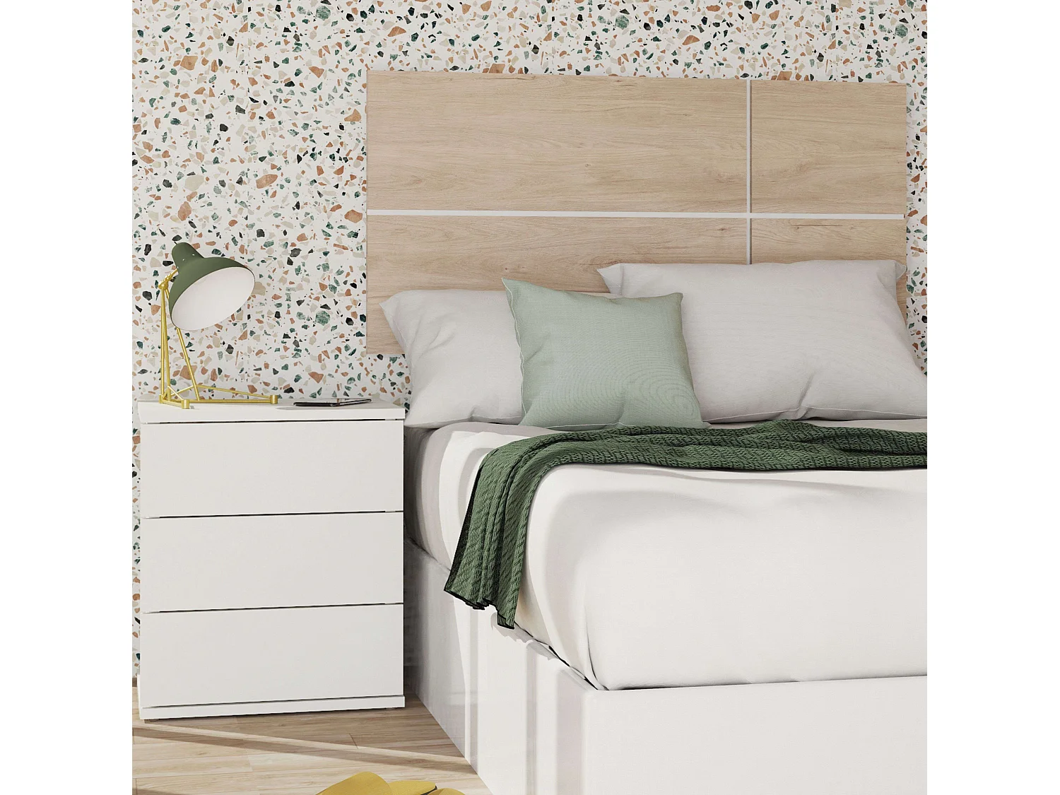 Conjunto de quarto juvenil Nova - cabeceira em carvalho Aurora e mesa de cabeceira branca