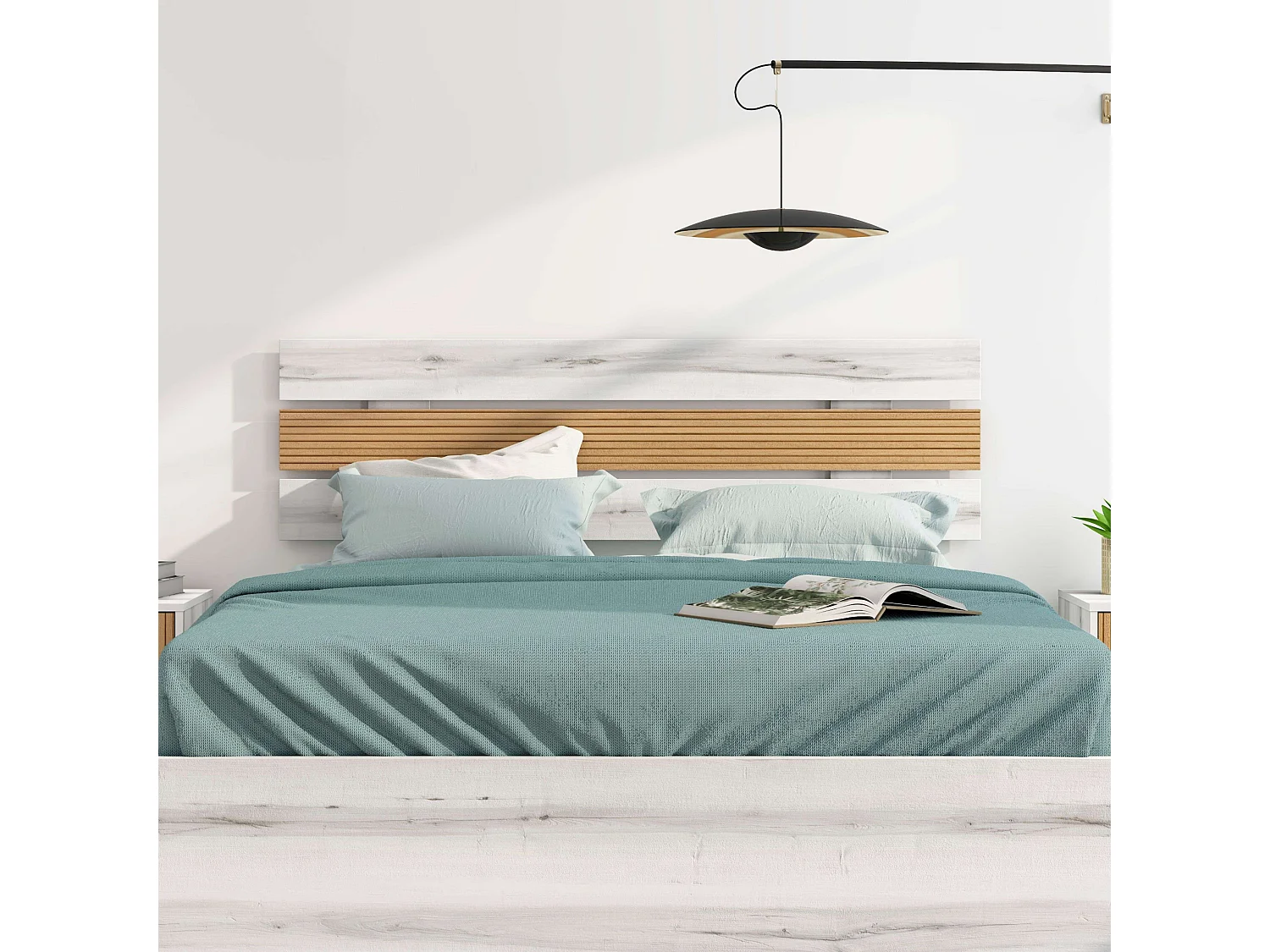 Cabeceira de cama de casal Arles estilo nórdico branco Albo e carvalho 160 cm