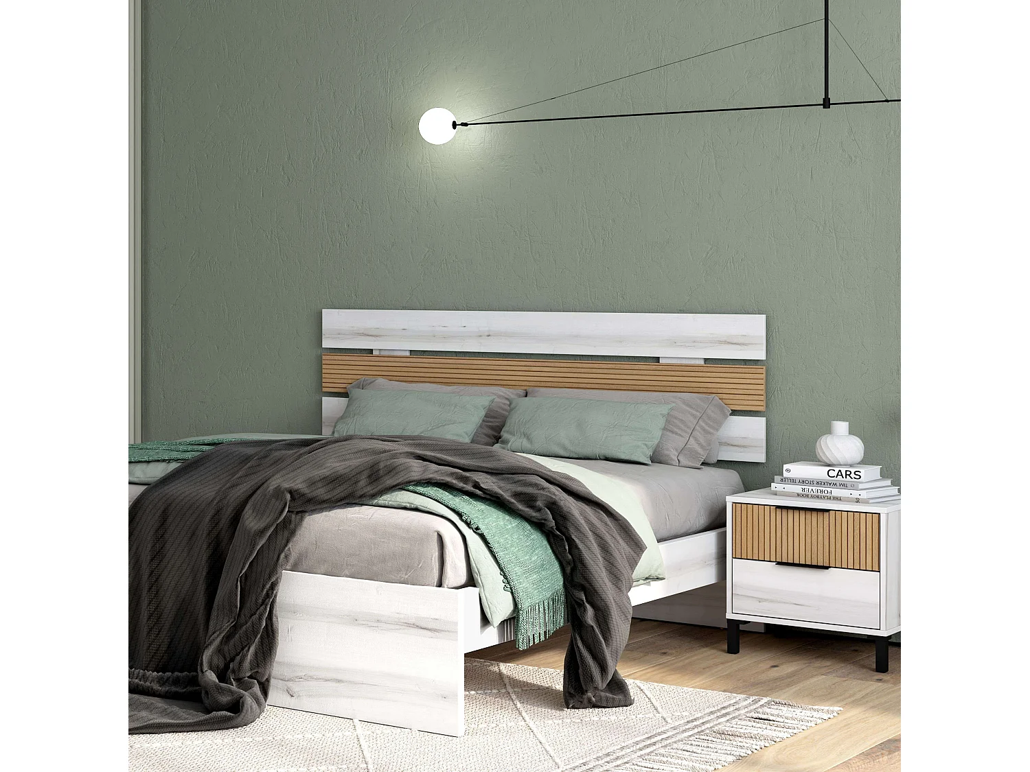 Cabeceira de cama de casal Arles estilo nórdico branco Albo e carvalho 160 cm