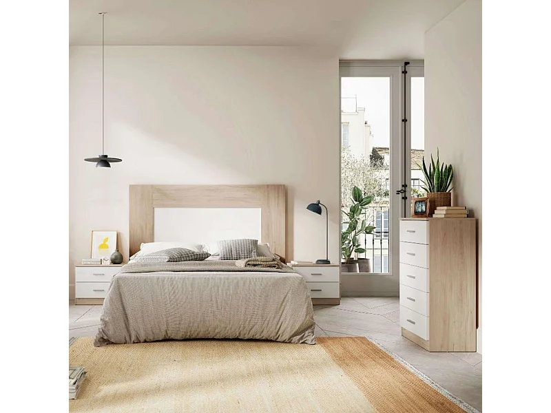 Pack muebles dorm. cabecero, cómoda y mesita 2 caj. blanco mate/sahara