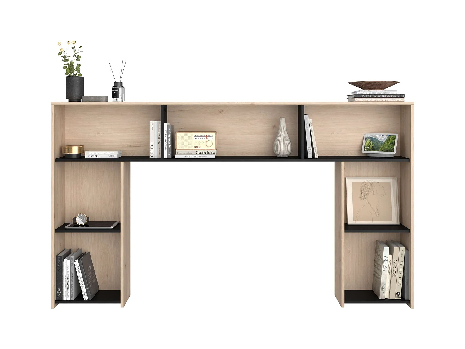 Cabeceira de quarto Thalos Carvalho Jackson e melamina preta 182x103,5x21,6 cm