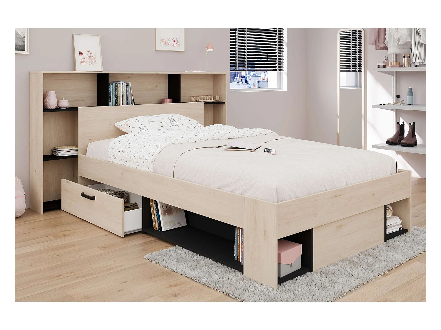 Cabeceira de quarto Thalos Carvalho Jackson e melamina preta 182x103,5x21,6 cm