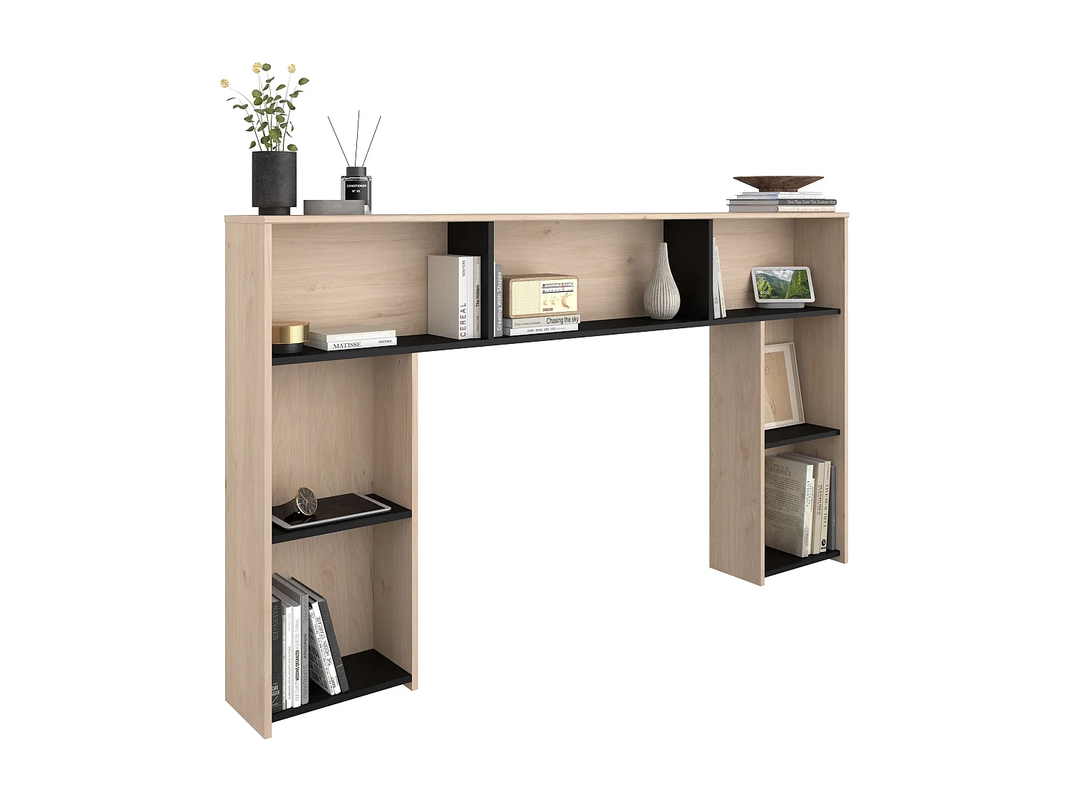 Cabeceira de quarto Thalos Carvalho Jackson e melamina preta 182x103,5x21,6 cm