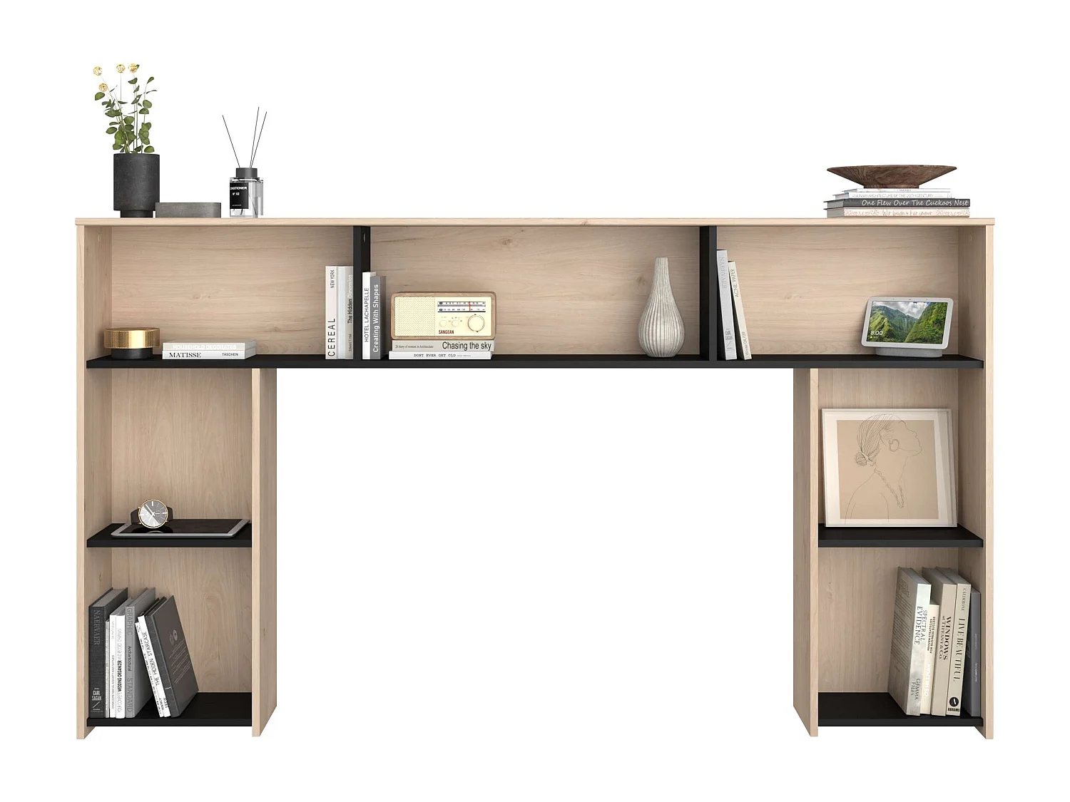 Cabeceira de quarto Thalos Carvalho Jackson e melamina preta 182x103,5x21,6 cm