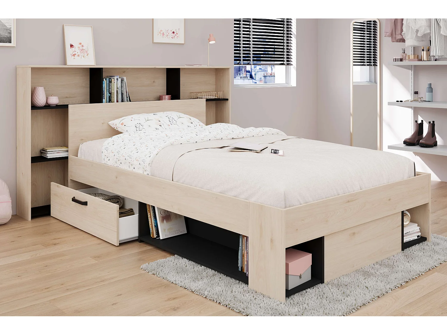 Cabeceira de quarto Thalos Carvalho Jackson e melamina preta 182x103,5x21,6 cm