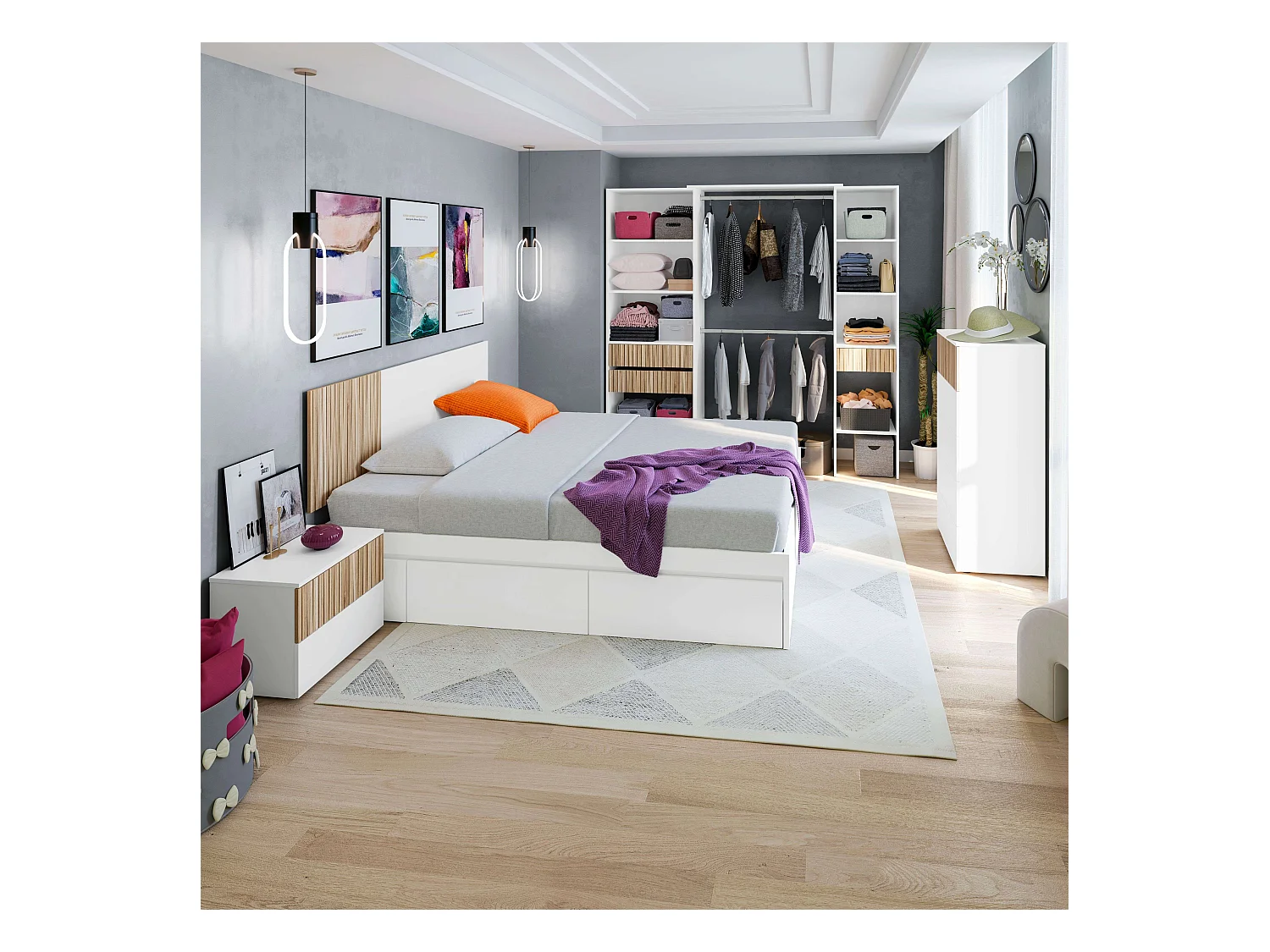 Pack Muebles Dormitorio Etnha Nórdico Blanco Artik/Natur Cabecero, Mesitas