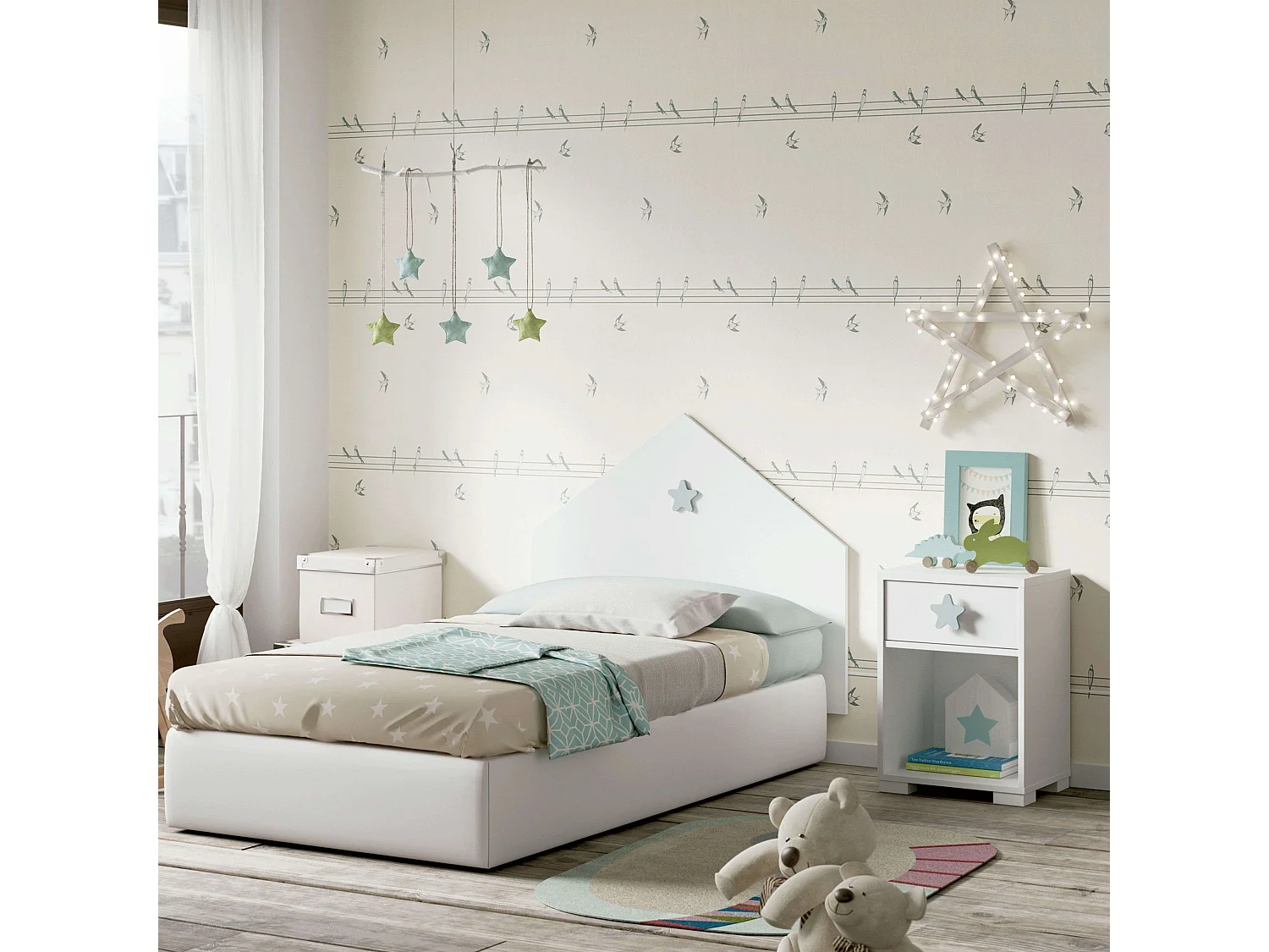 Cabeceira + Mesa de Cabeceira Infantil Quarto Branco Shine Star Quarto Cinza