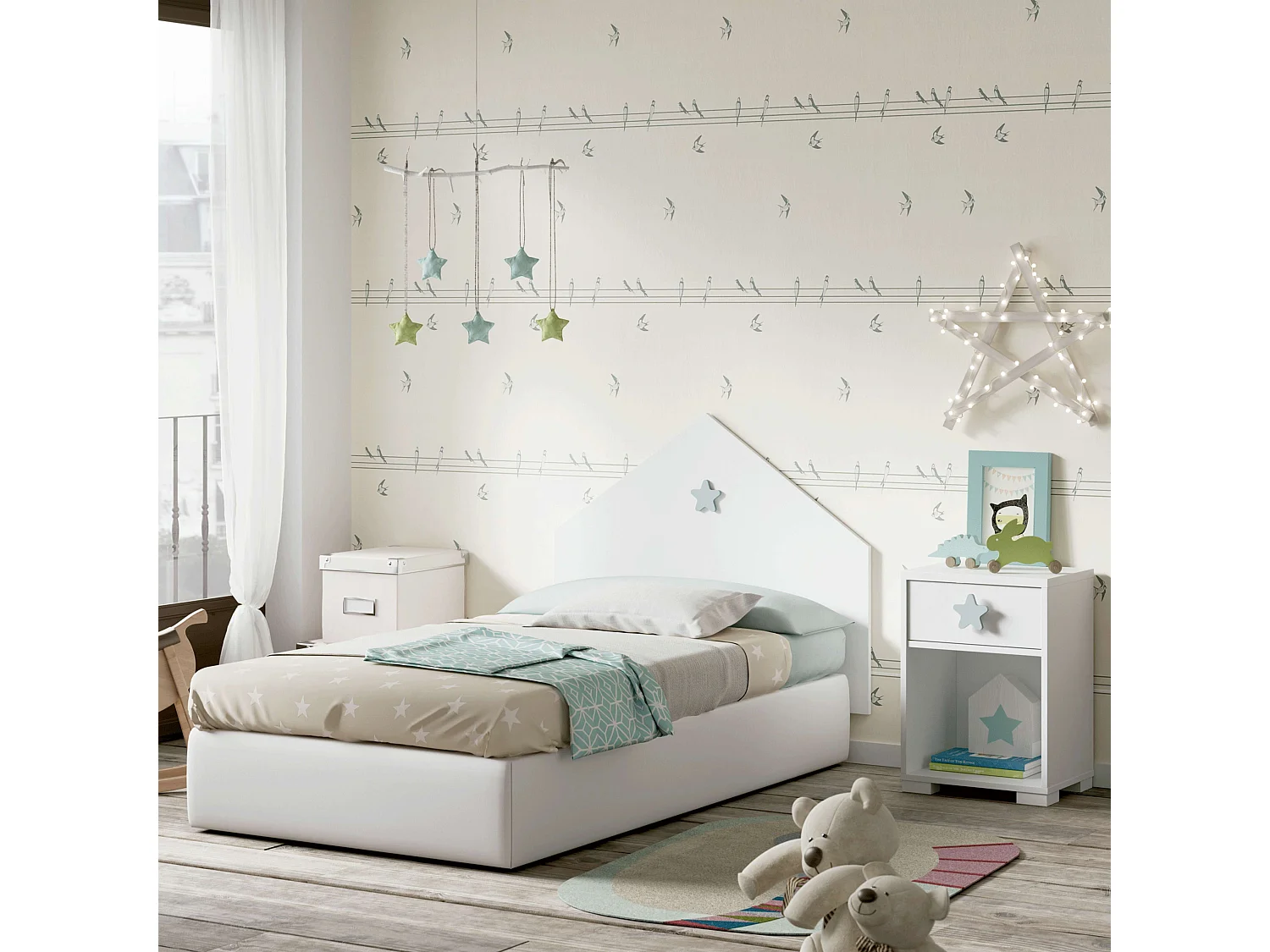 Cabeceira + Mesa de Cabeceira Infantil Quarto Branco Shine Star Quarto Cinza