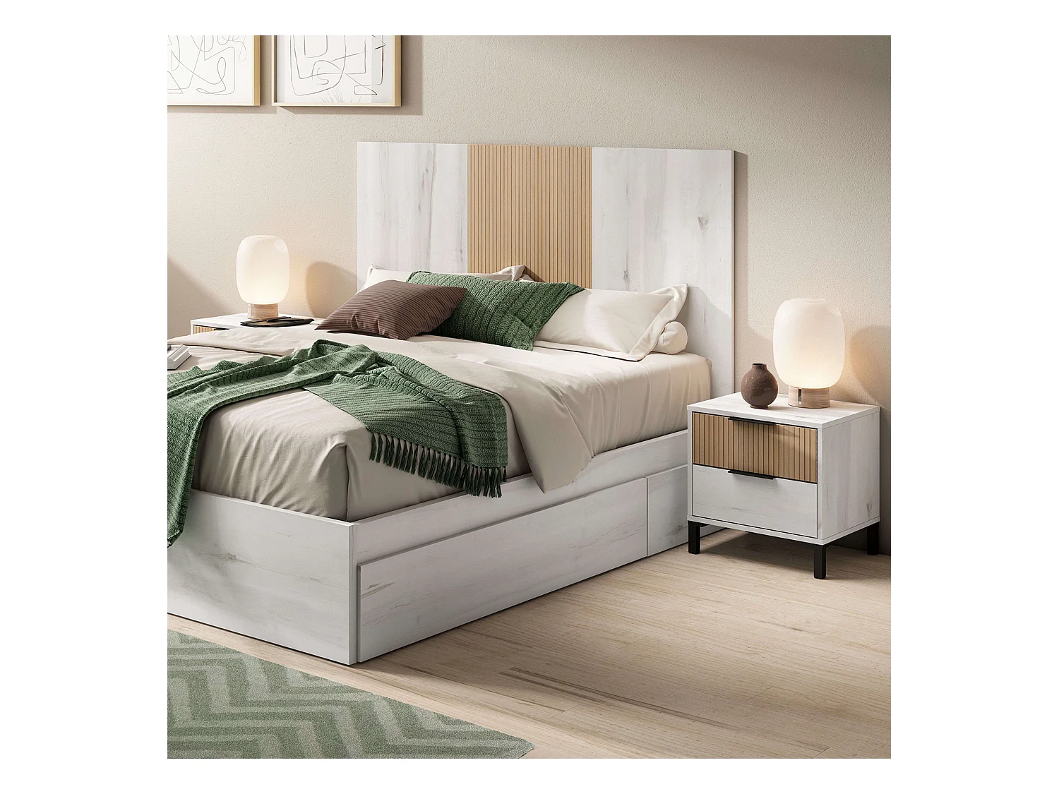 Cabeceira Arles em carvalho branco e listrado com mesas de cabeceira 159 cm