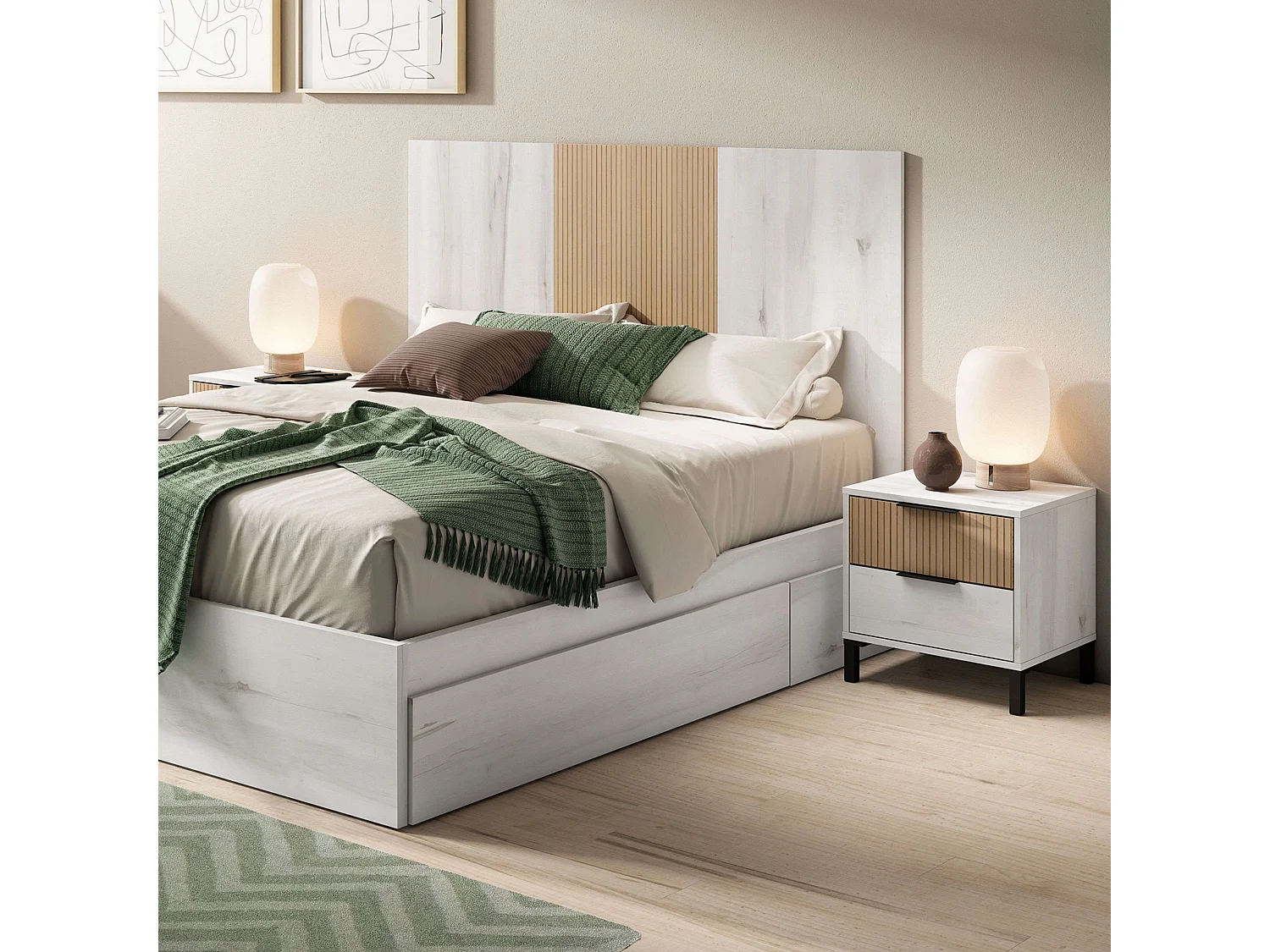 Tête de lit Arles Albo blanc et chêne rayé avec tables de chevet 159 cm