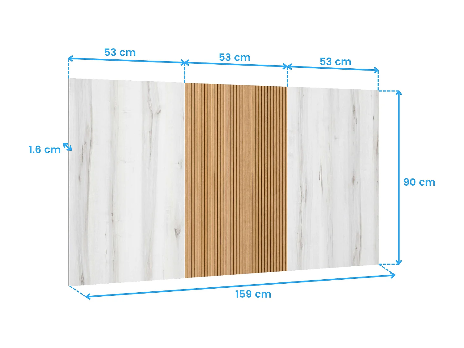 Tête de lit Arles Albo blanc et chêne rayé avec tables de chevet 159 cm