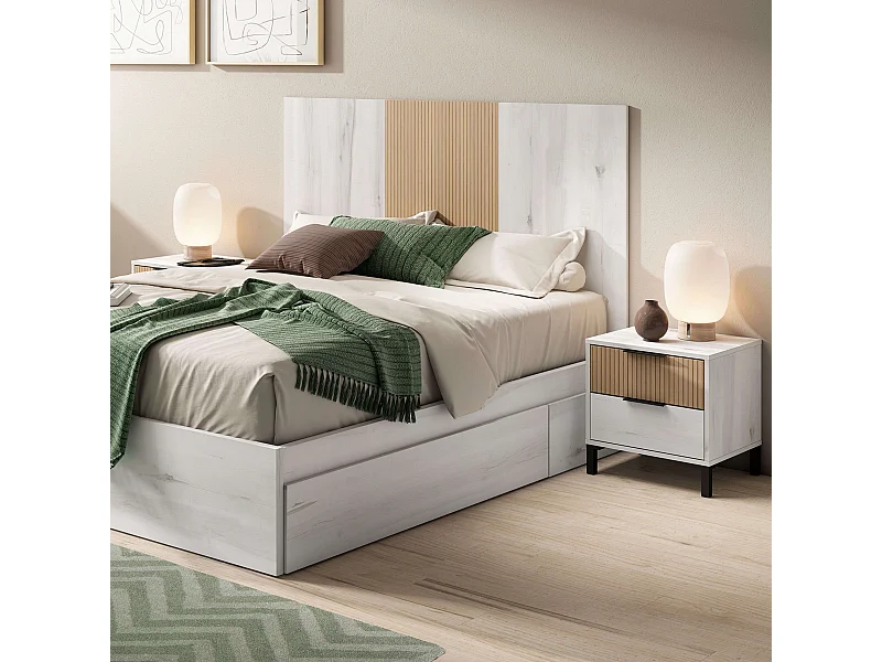 Cabeceira Arles em carvalho branco e listrado com mesas de cabeceira 159 cm