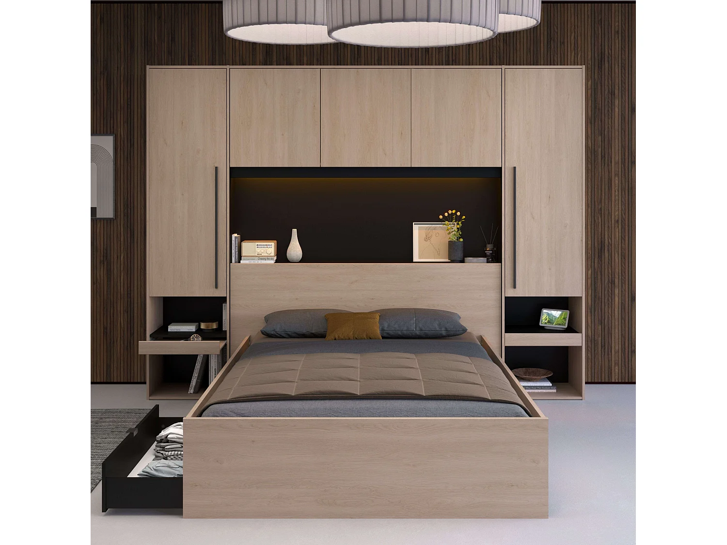 Cabecero Dormitorio Principal Puente John Roble y Negro 265x40x203 cm