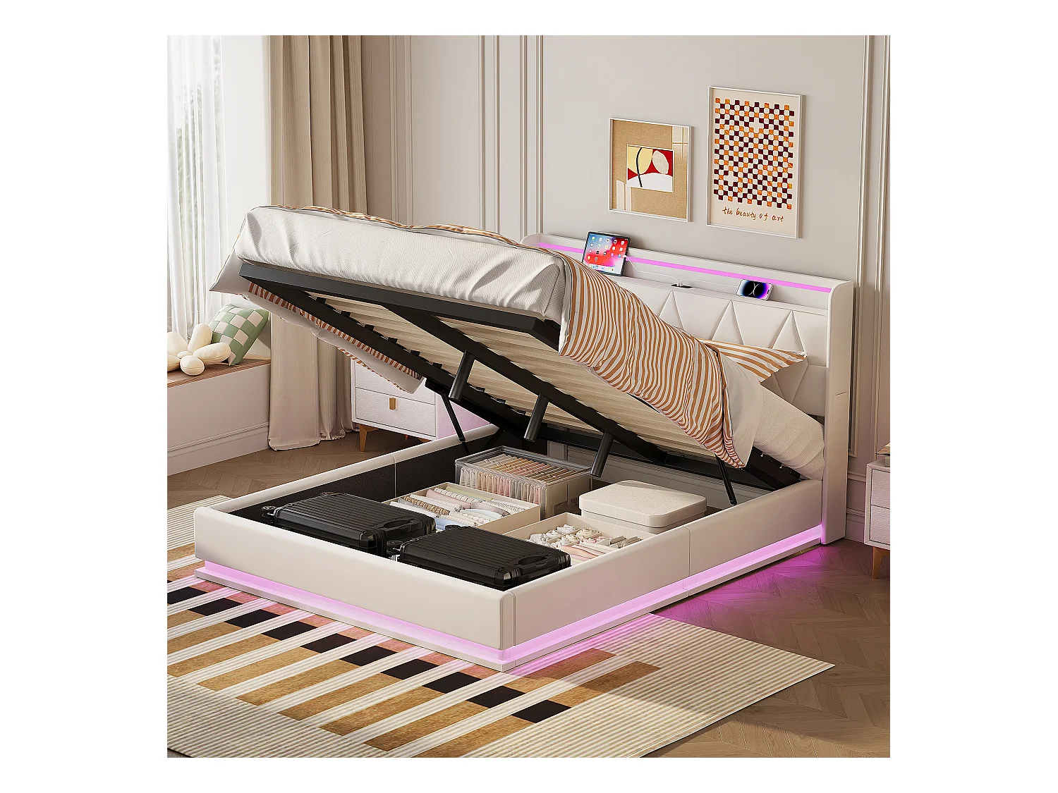 Lit double moderne 140x200 cm avec tête de lit rembourrée en velours blanc, éclairage LED, port USB et coffre de rangement avec vérins hydrauliques