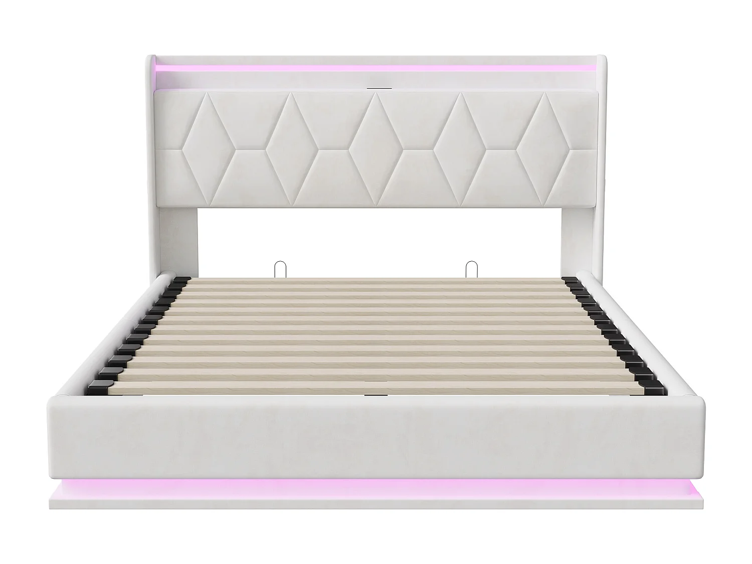 Lit double moderne 140x200 cm avec tête de lit rembourrée en velours blanc, éclairage LED, port USB et coffre de rangement avec vérins hydrauliques