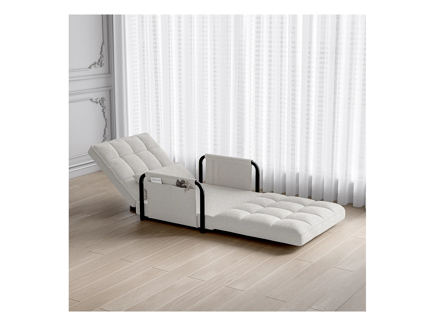 Canape lit reglable 5 positions en tissu bouclette avec accoudoirs de rangement coloris blanc casse