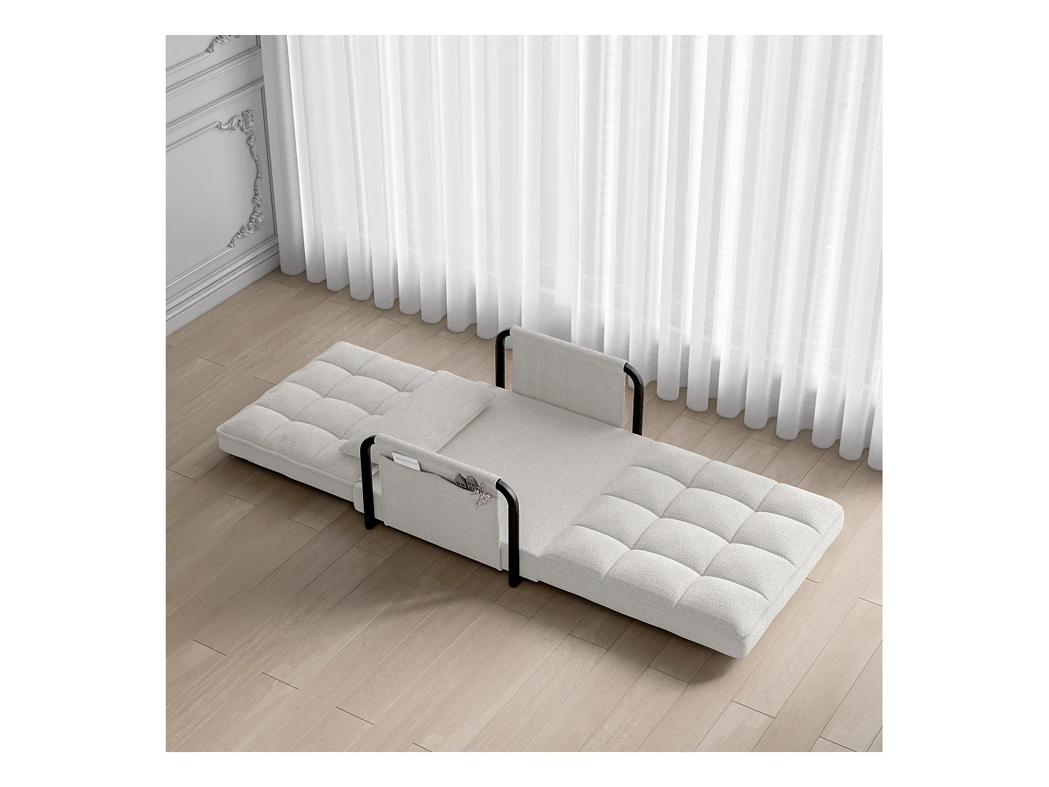 Canape lit reglable 5 positions en tissu bouclette avec accoudoirs de rangement coloris blanc casse