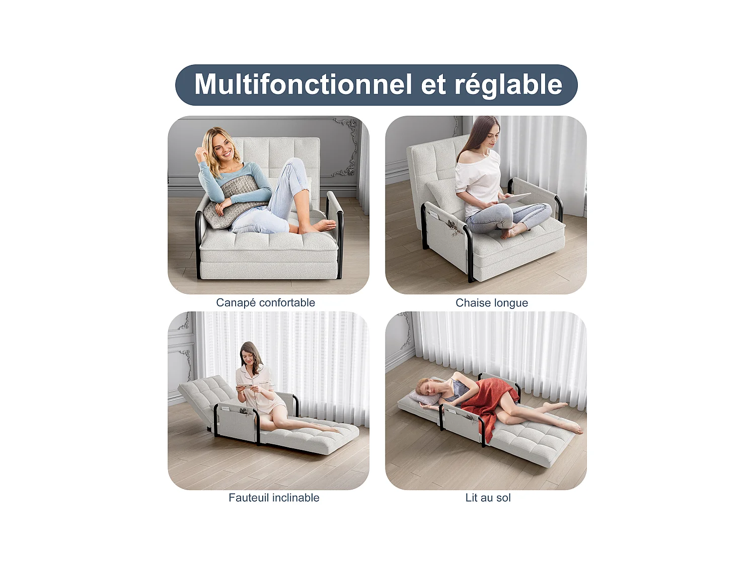 Canape lit reglable 5 positions en tissu bouclette avec accoudoirs de rangement coloris blanc casse