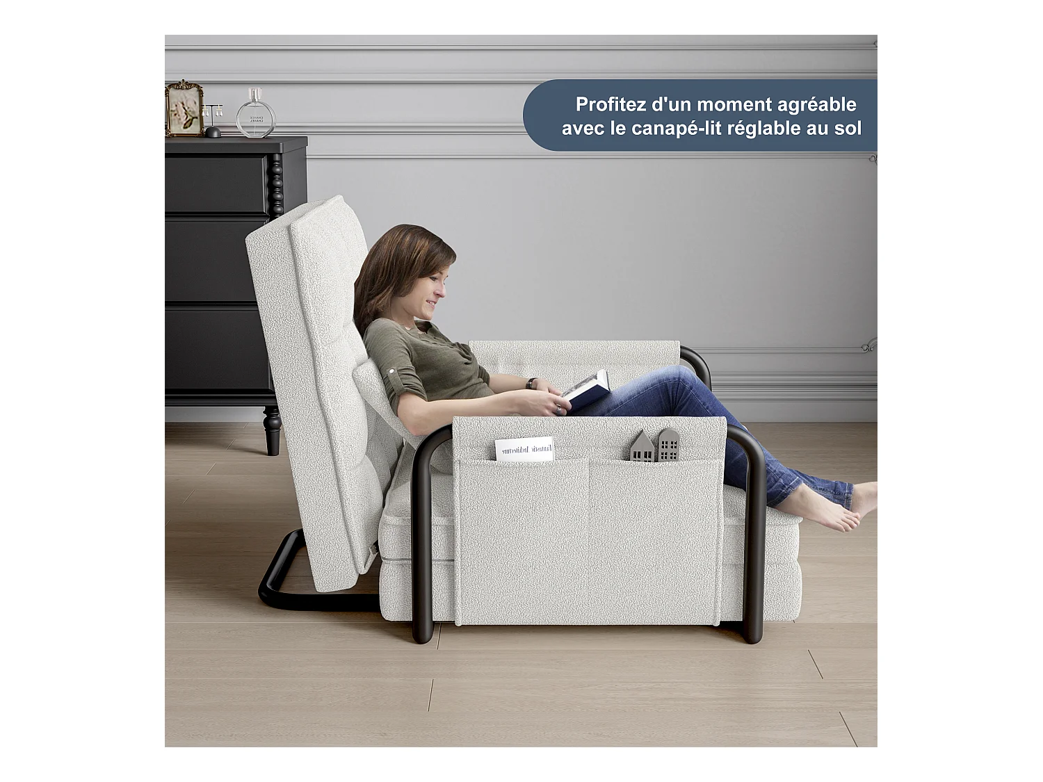 Canape lit reglable 5 positions en tissu bouclette avec accoudoirs de rangement coloris blanc casse