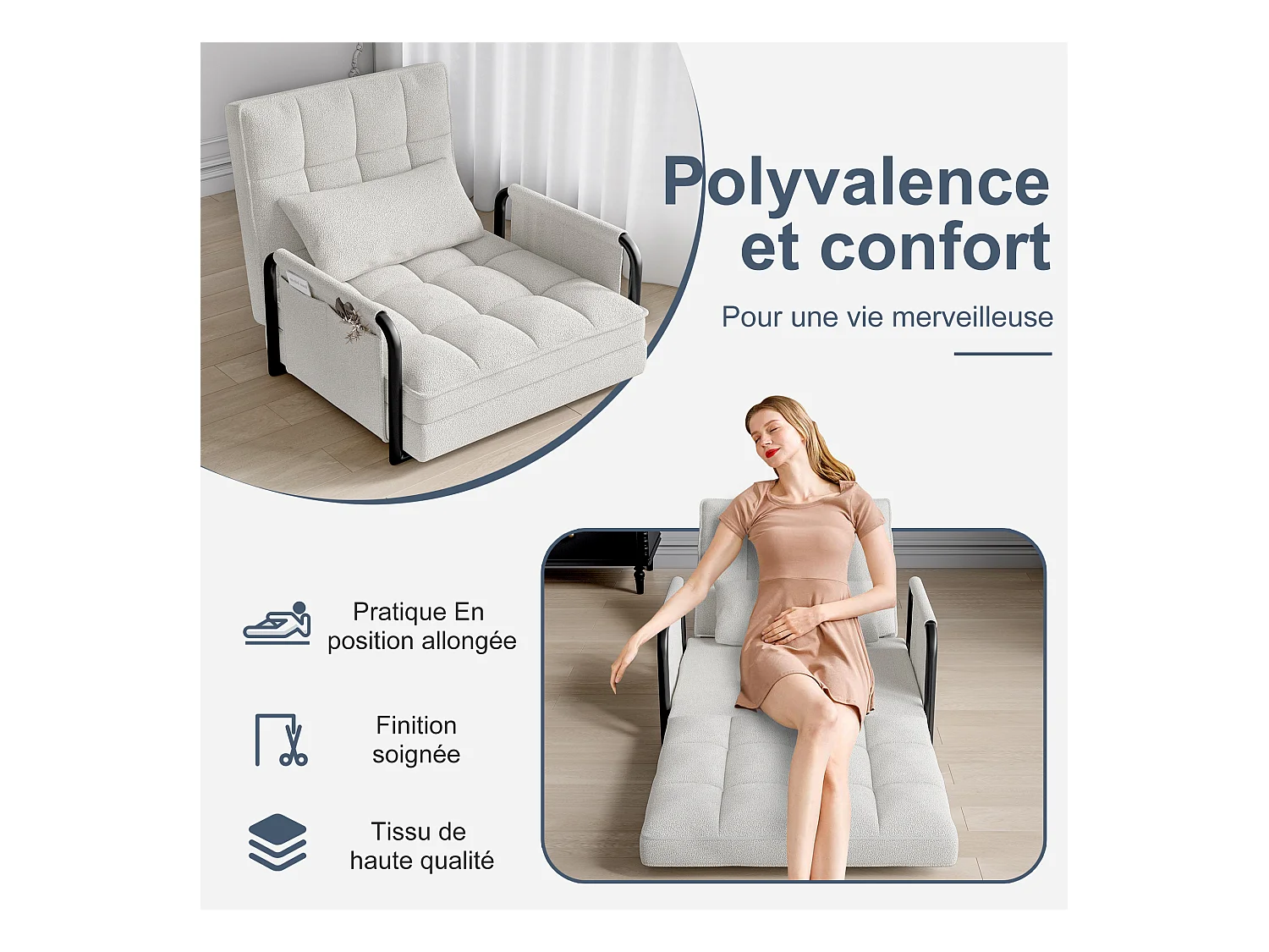 Canape lit reglable 5 positions en tissu bouclette avec accoudoirs de rangement coloris blanc casse