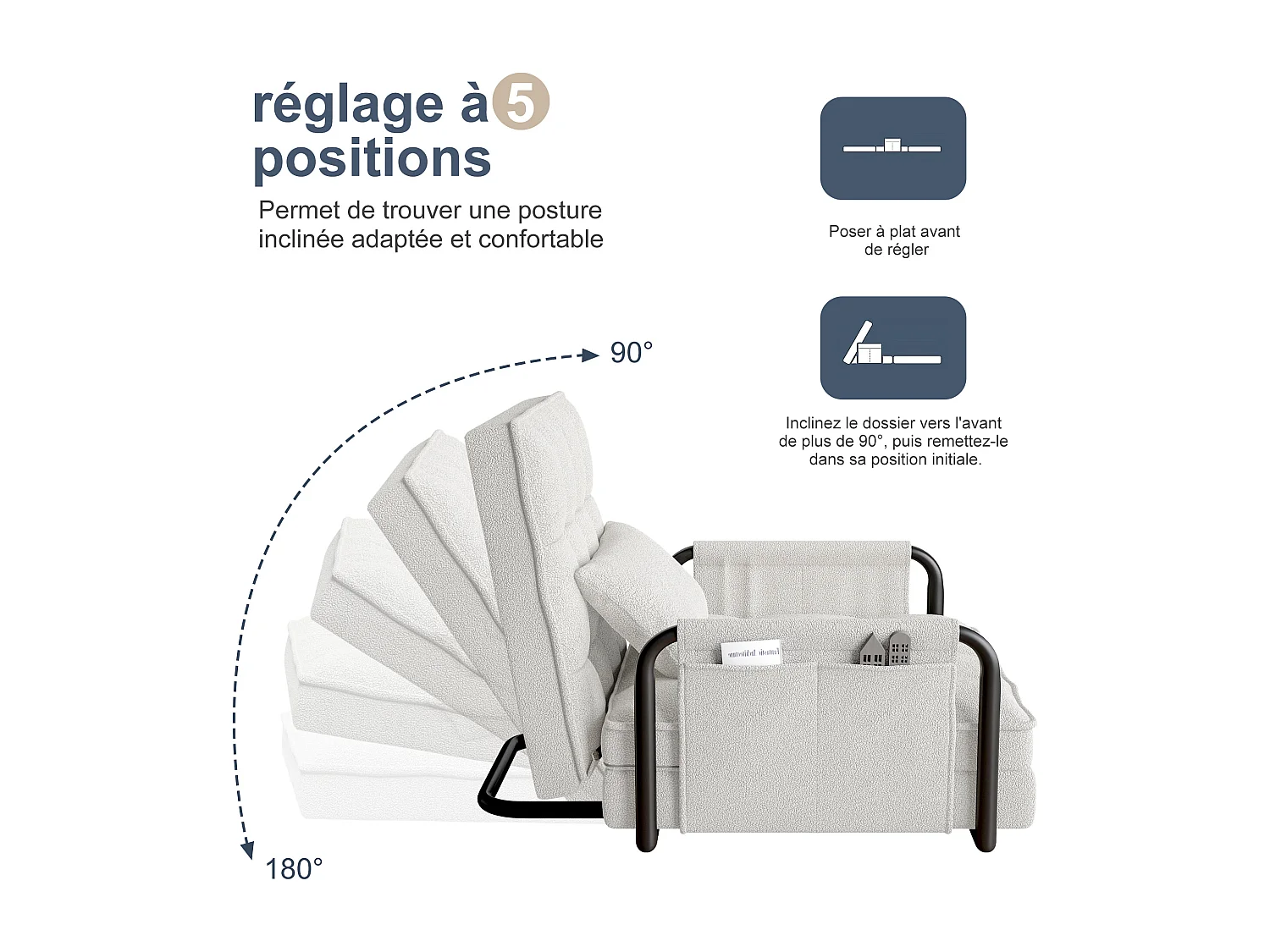 5-fach verstellbares Schlafsofa aus Frotteestoff mit Armlehnen mit Stauraum in Off-White
