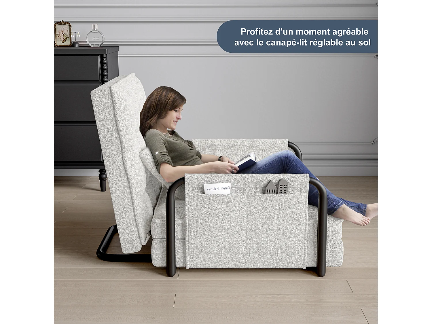 5-fach verstellbares Schlafsofa aus Frotteestoff mit Armlehnen mit Stauraum in Off-White