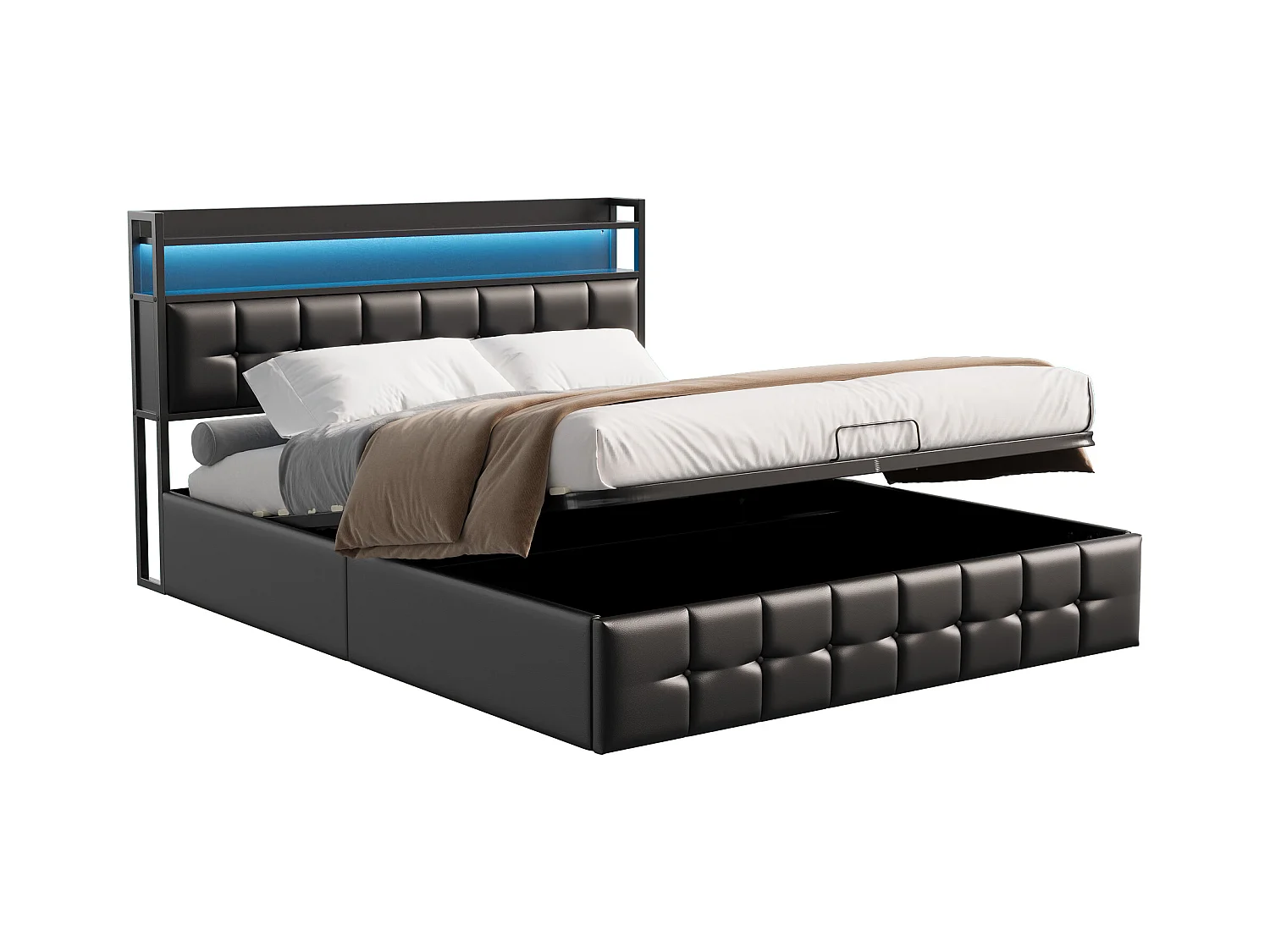 Bett mit LED-Kopfteil und Stauraum, USB-C und USB-Ladegerät, Gasdruckfeder – 140 x 190 cm, schwarzes PU-Design (ohne Matratze)