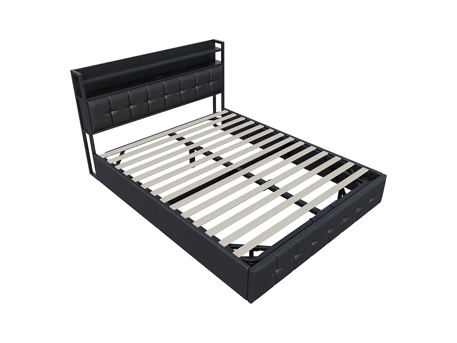 Bett mit LED-Kopfteil und Stauraum, USB-C und USB-Ladegerät, Gasdruckfeder – 140 x 190 cm, schwarzes PU-Design (ohne Matratze)