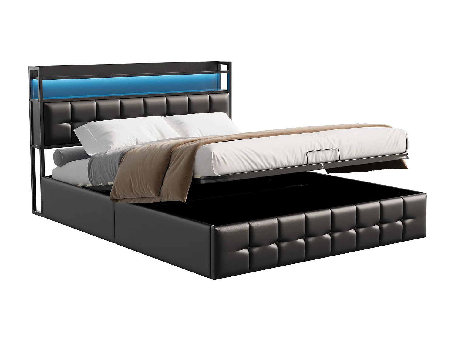 Bed met LED-hoofdbord en opbergruimte, USB-C en USB-oplader, gasveer – 140x190 cm, zwart PU-design (zonder matras)