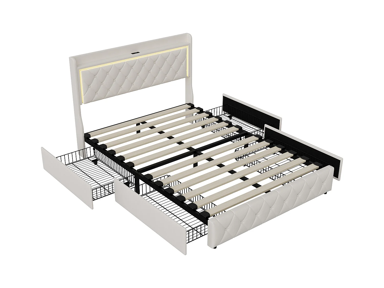 160x200 cm beige fluwelen bed met led-hoofdeinde, gaslift, USB- en type-C-poorten