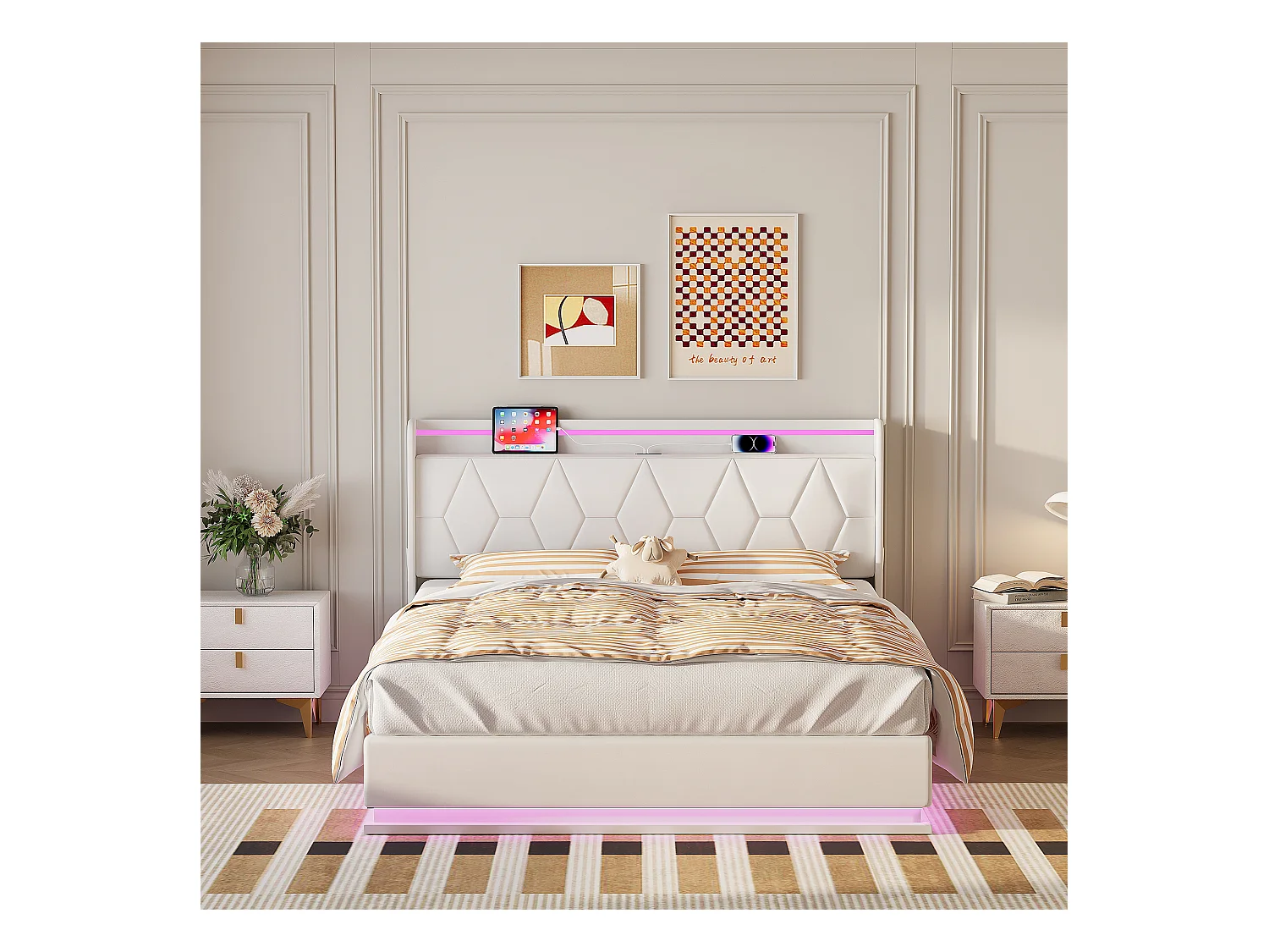 Lit double moderne 160x200 cm avec tête de lit rembourrée en velours blanc, éclairage LED, port USB et coffre de rangement avec vérins hydrauliques